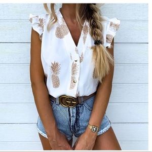 Pineapple Print Flutter Sleeve Casual Blouse